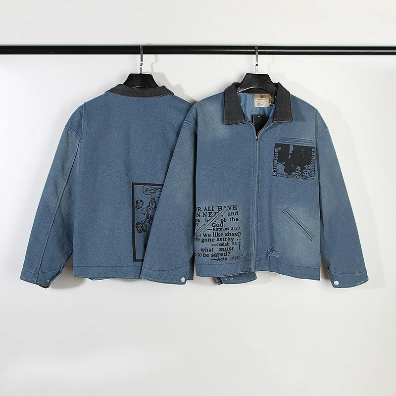 high street y2k lapel worn frayed cleanfit work jacket unisex washed casual chaquetas hombre ropa casual bomber coat oversized relaxed fit trousers