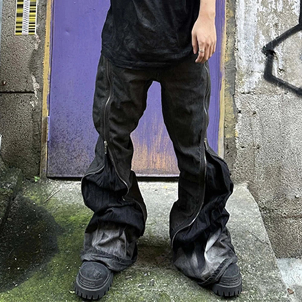 ro style spiral long zipper straight baggy jeans for men and women streetwear y2k pantalones hombre casual denim trousers unique jeans style 3401