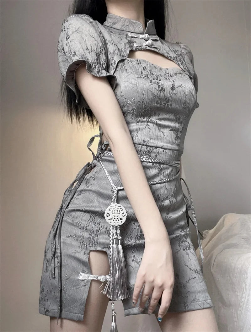 Vintage Chinese Style Cheongsam High Split Mini Dress 2024 Tie Dye Gothic Women Aesthetic Bandage Dresses Y2k Sexy Bodycon Robe Street King Limited