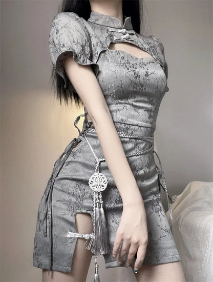 Vintage Chinese Style Cheongsam High Split Mini Dress 2024 Tie Dye Gothic Women Aesthetic Bandage Dresses Y2k Sexy Bodycon Robe Street King Limited