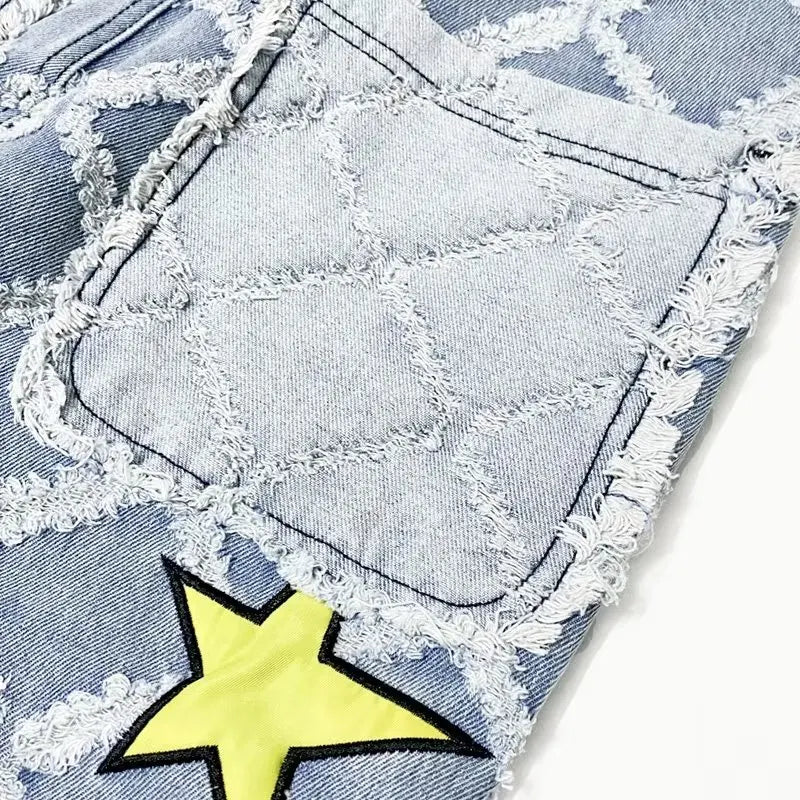 Y2K Star Embroidery Plaid Stacked Jeans Pants for Men Straight Women Hip Hop Denim Trousers Pantalon Homme Street Raw Edge Pant Street King Limited