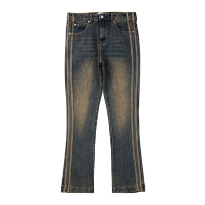 high street vibe washed striped flared jeans dark blue distressed jean casual side stripes slim micro flared jeans pants male vintage washed jeans