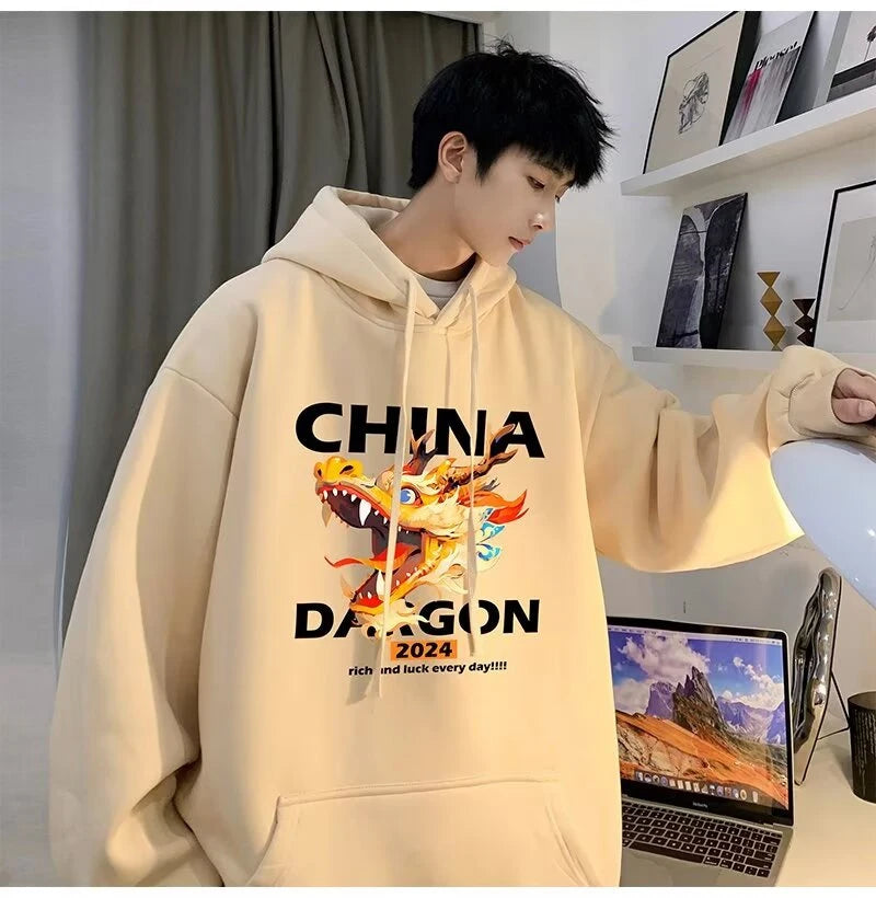 2024 New China Dragon Graphic Hoodies Men Hip Hop Streetwear Hoodie Sweatshirt Harajuku Fleece Printed Pullover Hoody Clothes Street King Limited