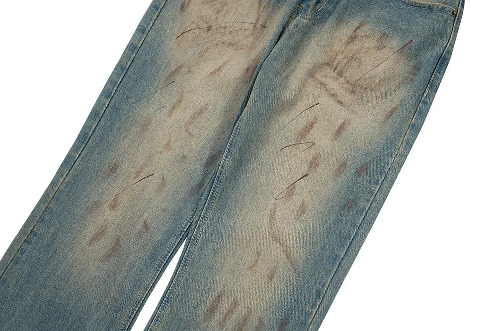 handmade distressed mud dyed dirty baggy blue jeans for men straight baggy casual overalls harajuku loose denim trousers unique jeans style 2215