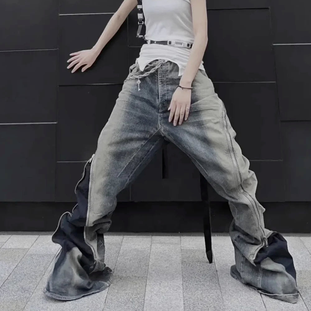 Ro Style Gradient Blue Horn Stacked Floor Dragging Jeans Unisex Streetwear Baggy Y2K Ribbons Zipper Denim Trousers Oversized Street King Limited
