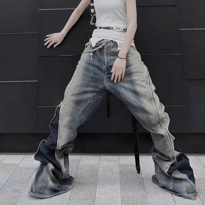 Ro Style Gradient Blue Horn Stacked Floor Dragging Jeans Unisex Streetwear Baggy Y2K Ribbons Zipper Denim Trousers Oversized Street King Limited