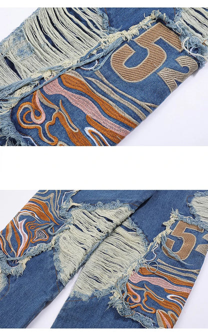 fashion embroidery destroyed ripped tassel holes denim jean pants mens casual loose straight jeans hip hop streetwear joggers unique joggers style 3343