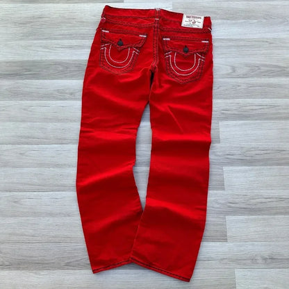 true faith embroidered jeans vintage street gothic loose casual denim hip hop red trousers couples baggy pants y2k clothes unique jeans style 3921