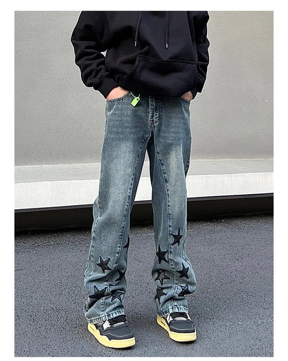 mens high street stars embroidery denim jean pants casual loose straight jeans hip hop y2k unisex pants streetwear joggers unique joggers style 2918