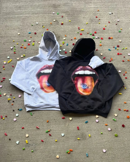 2024 Summer New Fashion Big Lips Printed Oversized Hoodie Men's Y2K Street Hip Hop Harajuku Loose Long Sleeve Pullover Women's Street King Limited