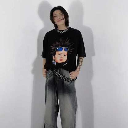 Korean pure cotton printed short-sleeved T-shirt for men and women creative angel hip-hop street Y2K loose half sleeved top Street King Limited