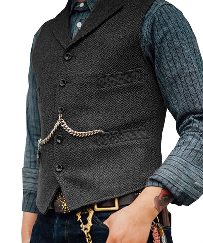Business Mens Suit Vest Lapel V Neck Wool Herringbone Casual Brown Waistcoat Casual Formal Groomsman Jacket For Wedding Street King Limited