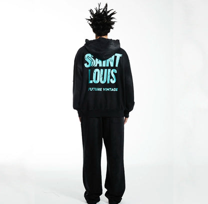 2024 Winter New SAINT LOUIS High-Street Cotton Inkjet Washed Old Letter Logo Printed Hoodie Hooded Sweater Street King Limited