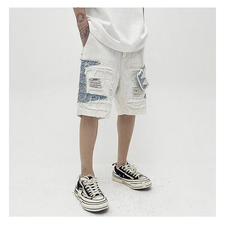 Mens High Street Denim Jean Shorts Casual Loose Destroyed Ripped Holes Loose Shorts Patchwork Hip Hop Streetwear Short Joggers Street King Limited