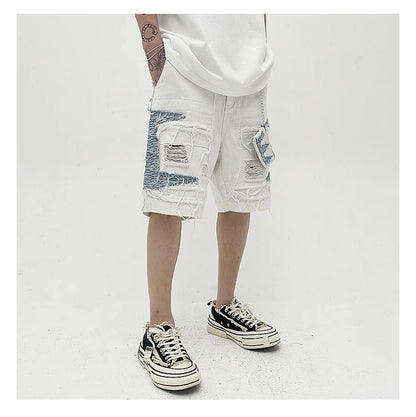 Mens High Street Denim Jean Shorts Casual Loose Destroyed Ripped Holes Loose Shorts Patchwork Hip Hop Streetwear Short Joggers Street King Limited