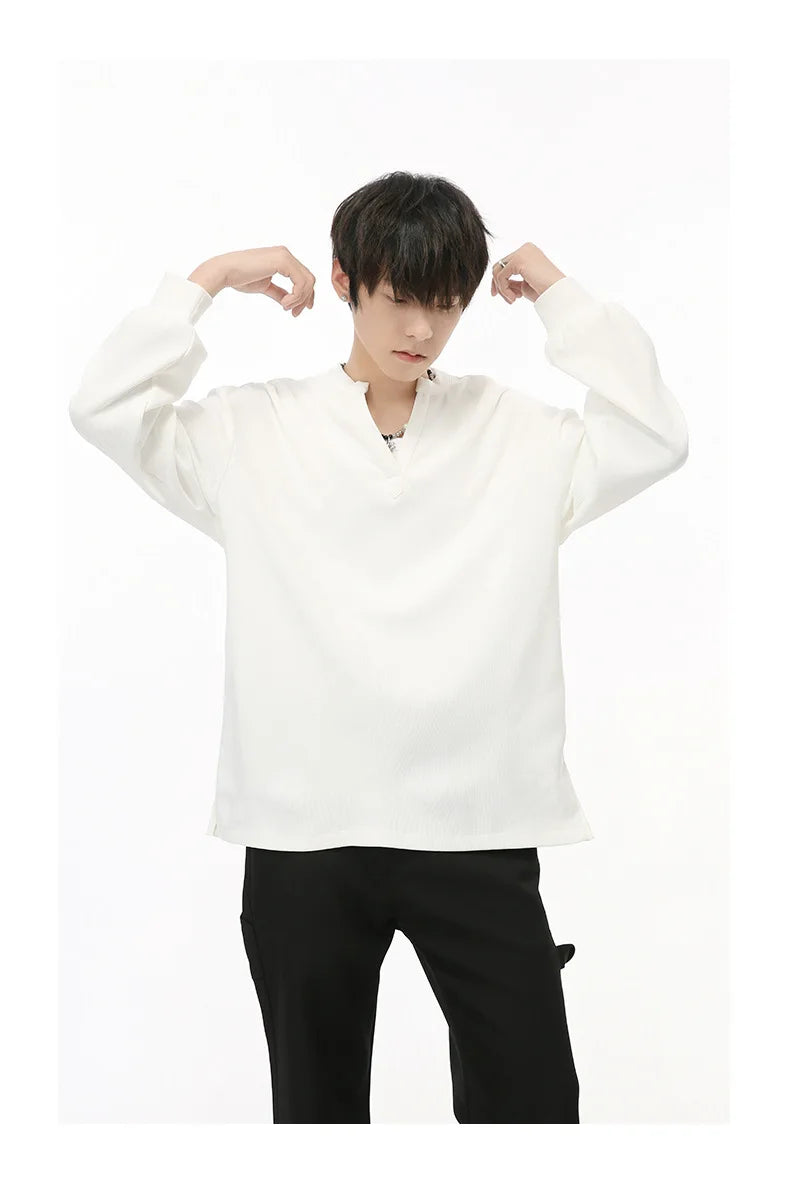 Men's  V-neck Long Sleeve T-Shirt Tops Clothing Autumn Korean Style Lazy Simple Solid Color Casual Pullover Bottoming Shirt Street King Limited