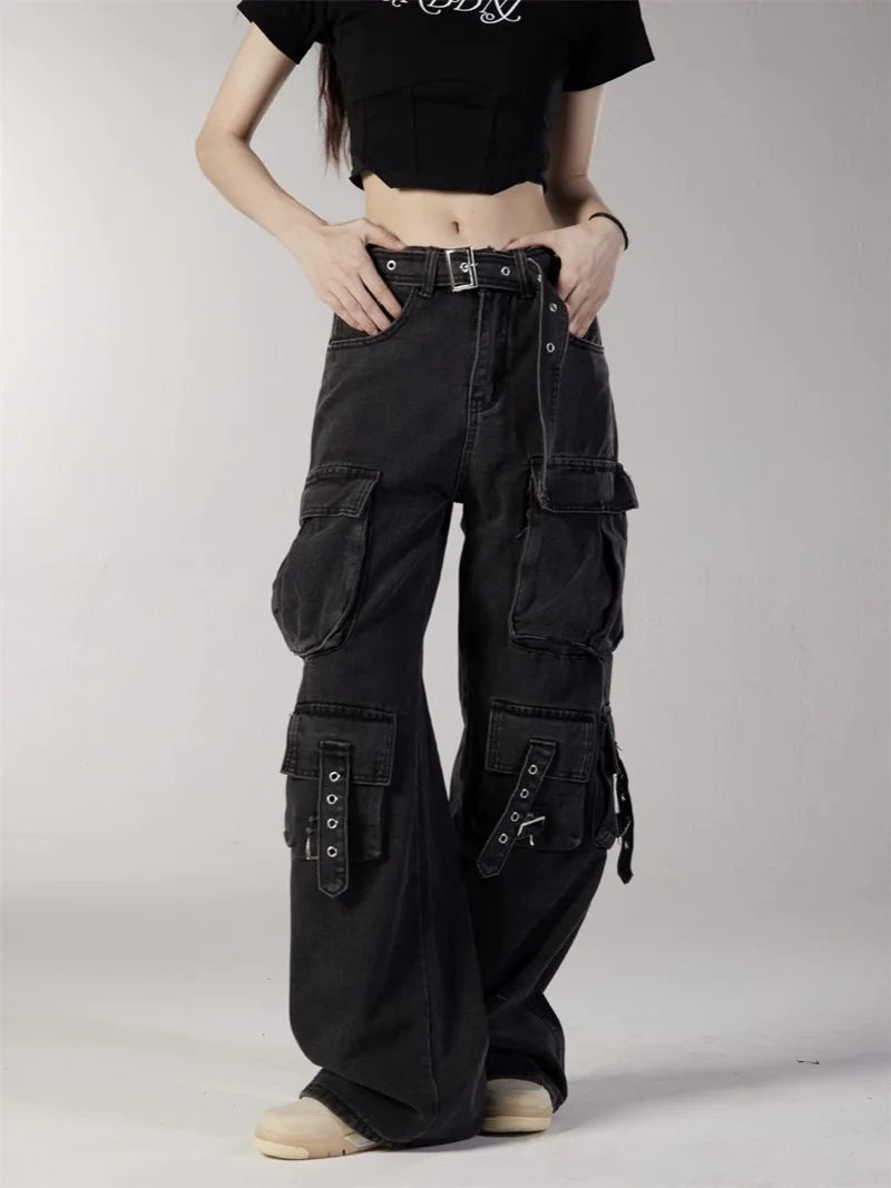 fashion loose streetwear cargo denim jeans unisex casual multi pocket straight jean pants with belt hip hop joggers baggy jeans casual joggers