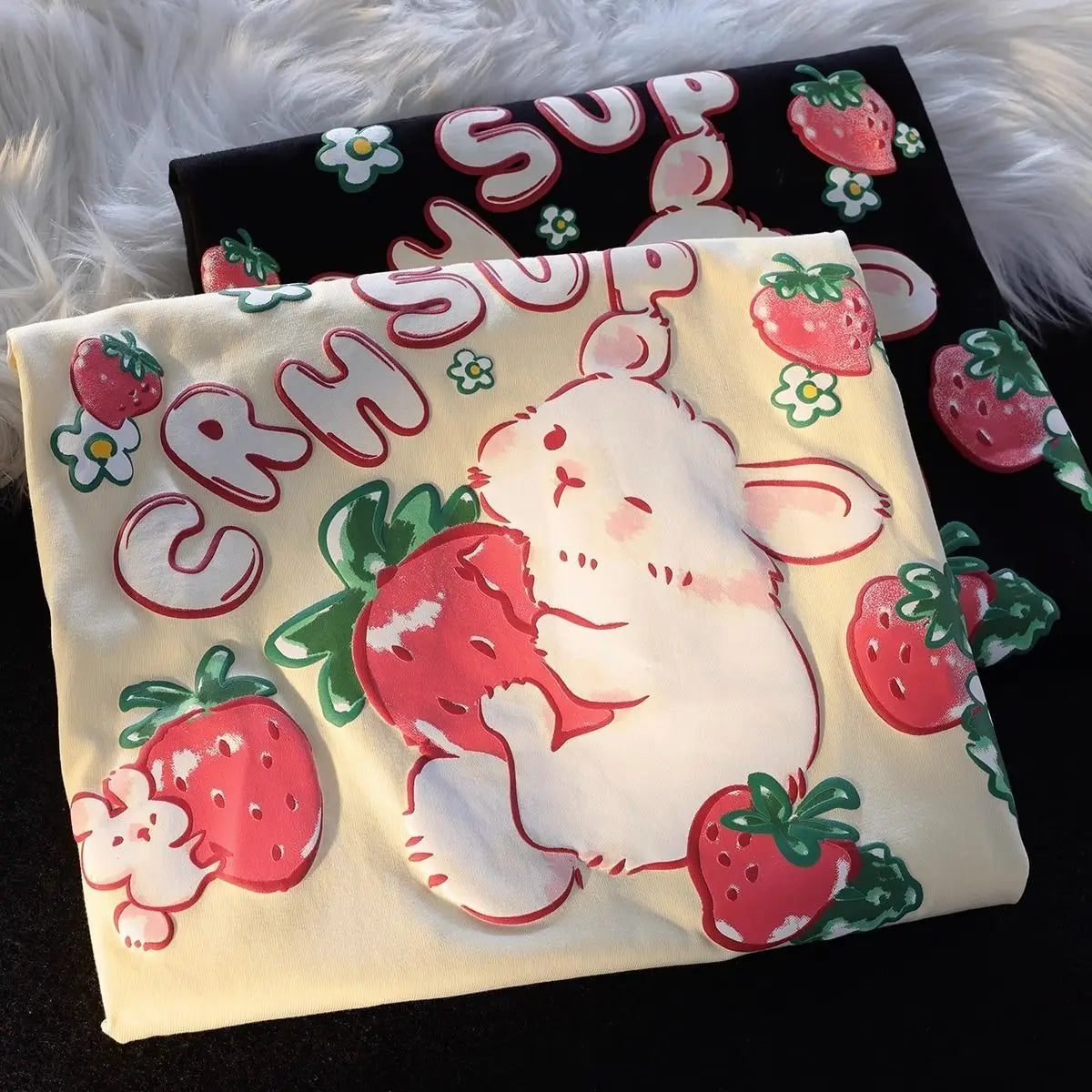Cute Cartoon Rabbit Strawberry Fruit Print T Shirts Student Girls Kawaii Tee High Quality Cotton Summer Short Sleeve Casual Tops Street King Limited