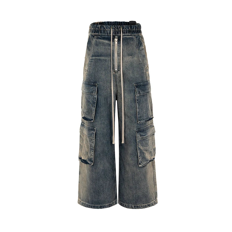 fashion denim baggy cargo jean pants men hip hop elastic waist wide legs retro washed jeans side pocket streetwear jeans joggers relaxed fit joggers