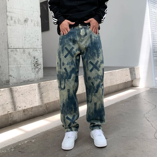 men loose casual american high street hip hop vibe printed denim baggy jeans pants man streetwear ripped jeans trousers urban skinny jeans