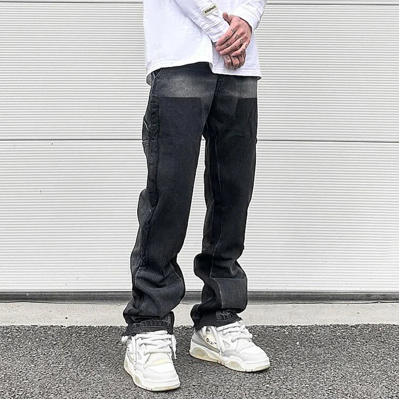 high street patchwork ripped black jeans pants for men straight retro casual sashes pockets denim trousers oversized loose jean urban skinny jeans