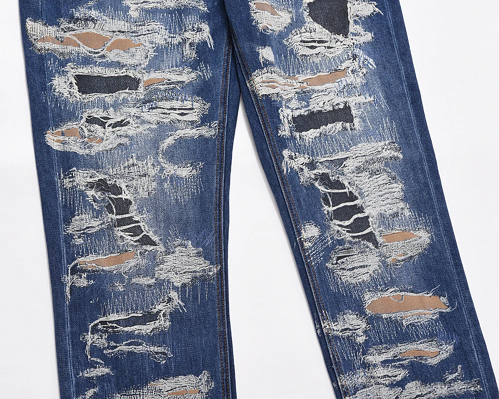 harajuku cut hole ripped patchwork blue jeans for men straight retro streetwear casual denim pants oversized loose trousers unique jeans style 1096