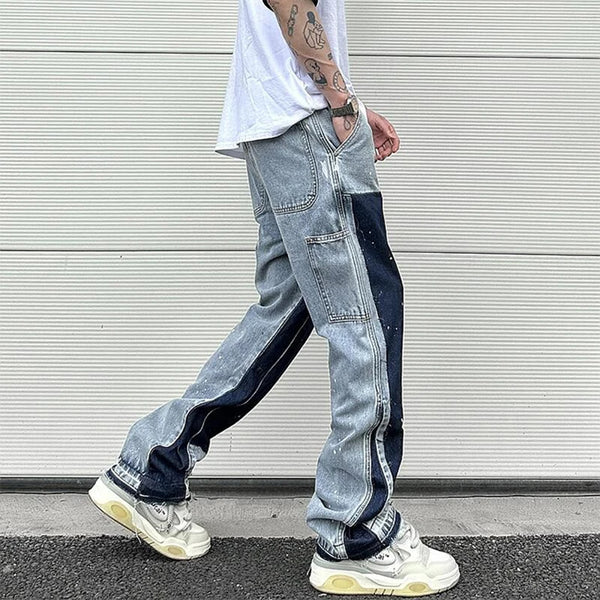 Streetwear Speckled Ink Color Match Y2K Baggy Jeans for Men Patchwork Rage Fringe Micro Denim Trousers Oversized Loose Cargos Street King Limited