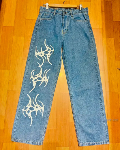 Harajuku fashion mens women’s jeans lightning graphic wide leg jean streetwear y2k denim cuples high waist pants men clothing Street King Limited