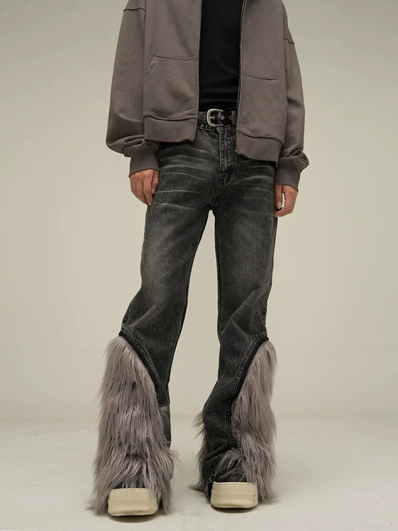 harajuku denim straight jeans men trousers high street zipper detachable fur bottom streetwear casual loose joggers jean pants streetwear sweatpants