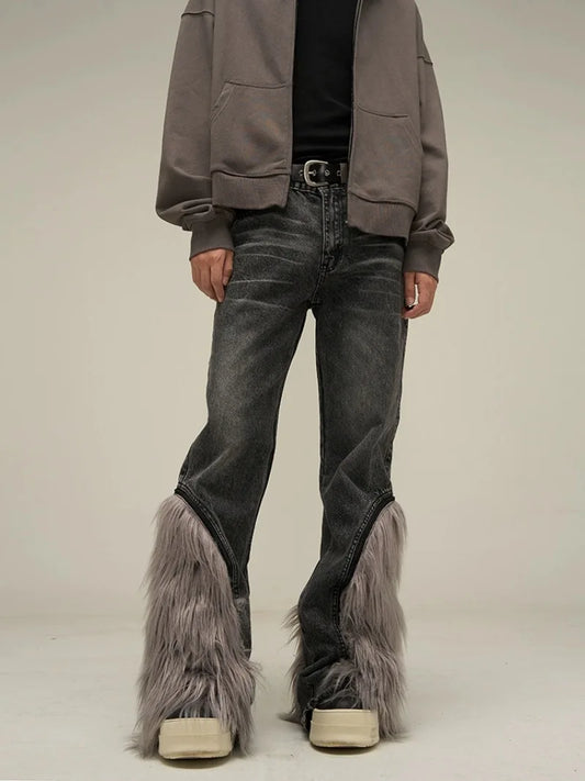 harajuku denim straight jeans men trousers high street zipper detachable fur bottom streetwear casual loose joggers jean pants streetwear sweatpants