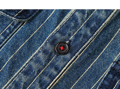 Amekaji VIntage Denim Shirt Men Spring Autumn New Lapel Multi-pocket Blue Striped Long Sleeve Cargo Shirt  Casual Cardigan Tops Street King Limited