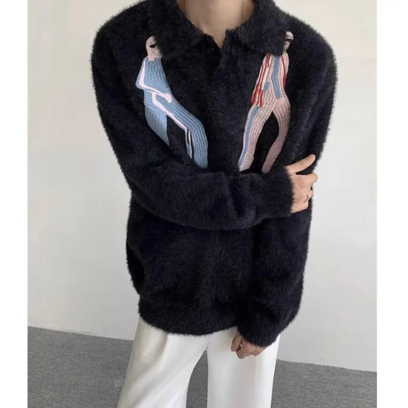 Korean Embroidery Lapel Sweater Mens Spring Street Trends Soft Seahorse Hair Loose Pullover Thickening Y2K Couple Knitwear New Street King Limited
