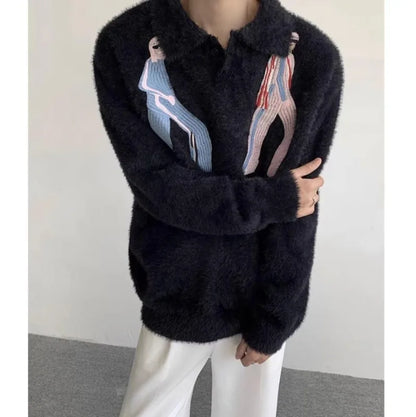 Korean Embroidery Lapel Sweater Mens Spring Street Trends Soft Seahorse Hair Loose Pullover Thickening Y2K Couple Knitwear New Street King Limited