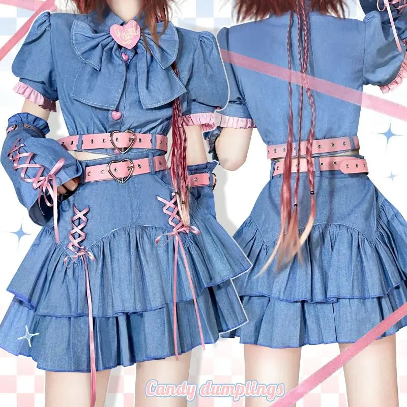 Y2K Set Sweetheart Spicy Girl dress skirt sets Women's 2023 Summer Bubble Sleeve Bowtie Campus Style 2 piece sets womens outfits Street King Limited