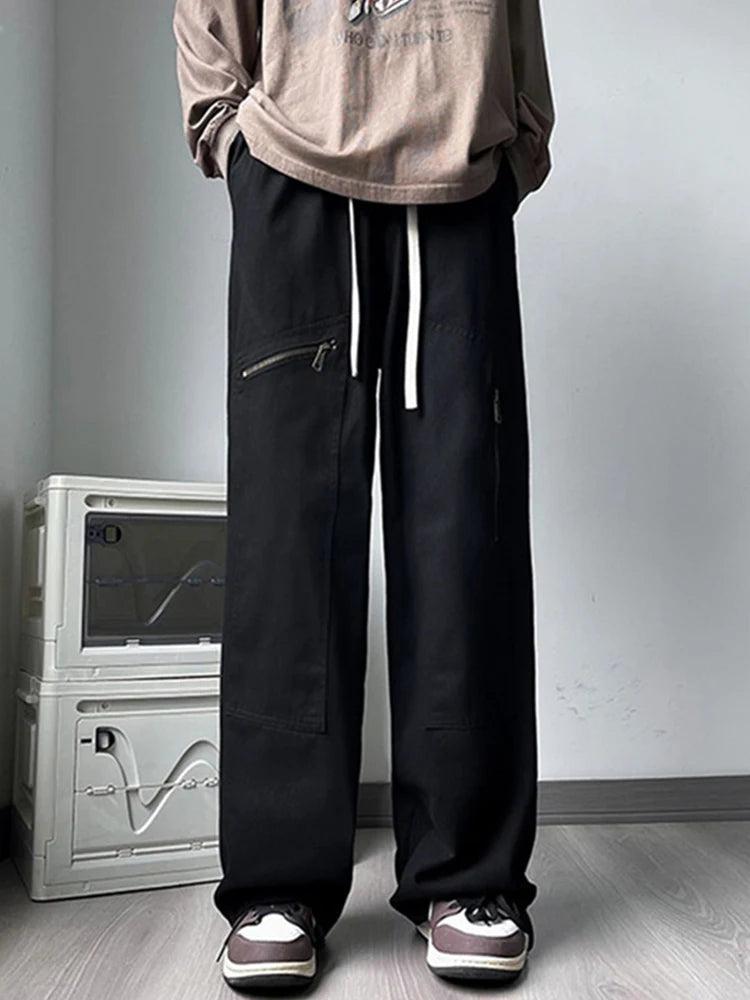 new korean fashion cargo straight pants for men autumn casual zipper pocket drawstring trousers classic tactical y2k pantalones 1 unique cargo style 236