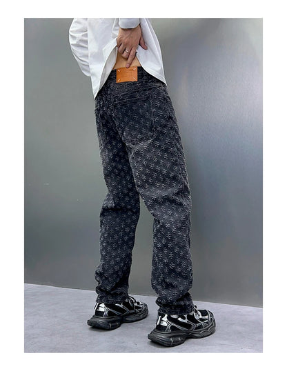 Men Wide Leg Denim Pants High Street American Retro Jacquard Loose Straight Jeans Y2K Fashion Streetwear Baggy Trousers Street King Limited