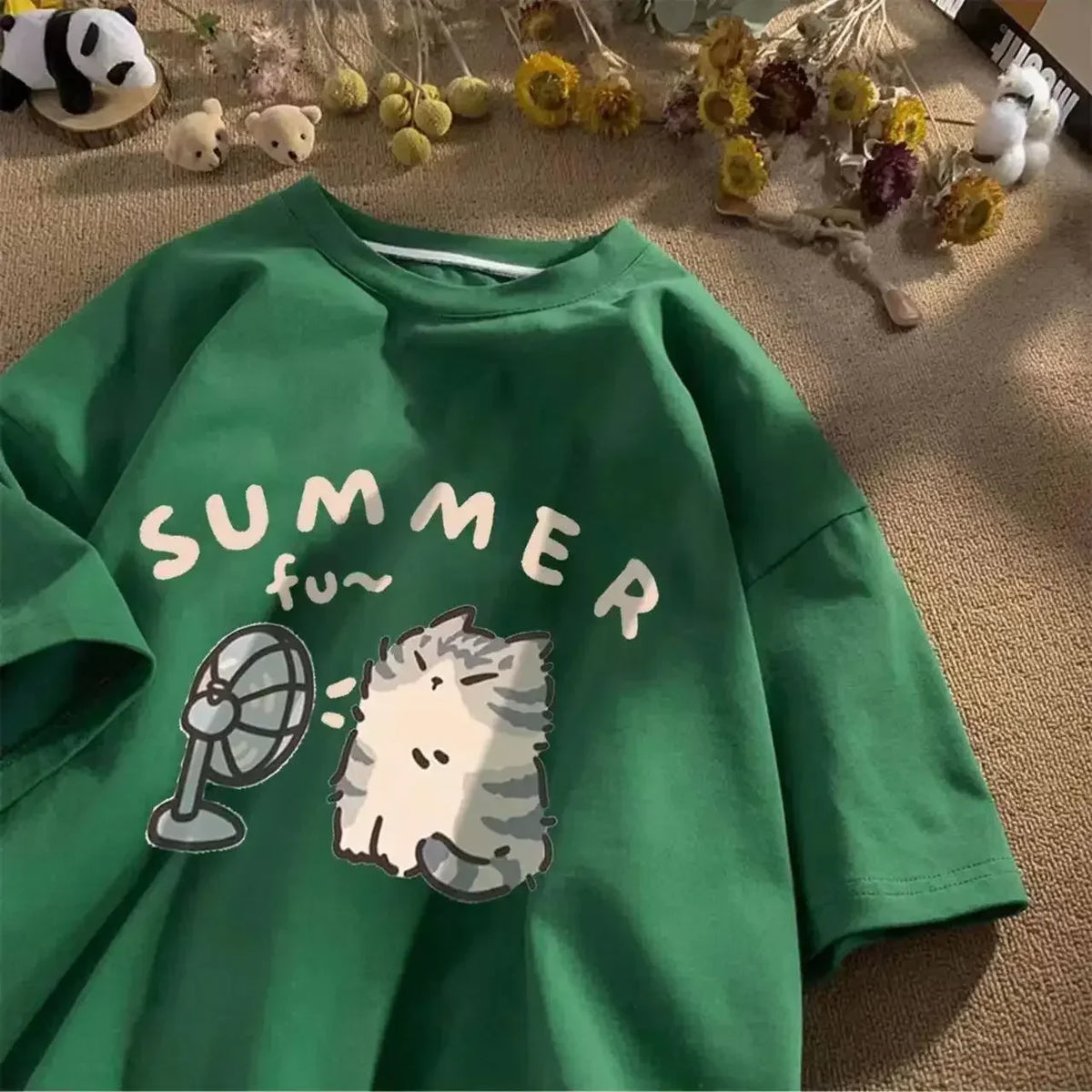 American Street Creative Blow Fan Cat Pure Cotton T-shirt for Men and Women Summer Relaxed Short Sleeve Couple Wear INS Top Street King Limited