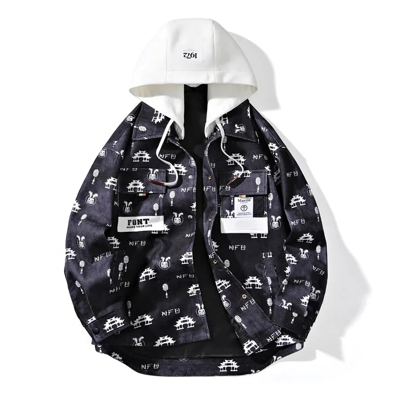 full print jackets for men spring autumn new colour clash hooded coat chest pockets design y2k jackets large size hip hop menswear bottoms