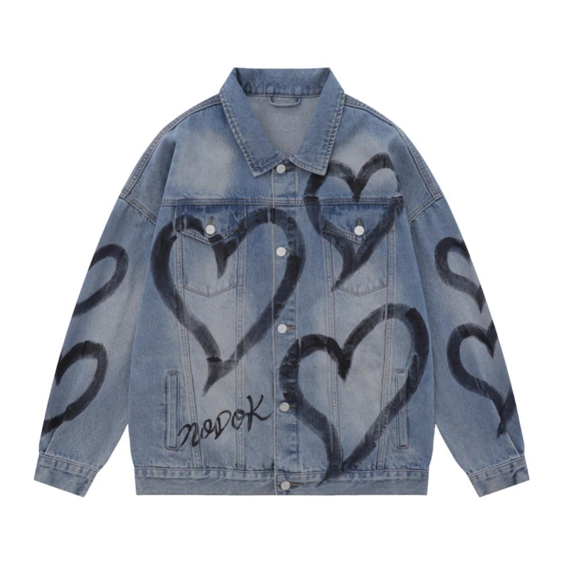 y2k heart graffiti printed denim jackets mens fashion unisex long sleeve coats outerwear hip hop casual streetwear jeans jackets stacked flare jeans