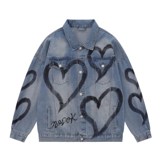 y2k heart graffiti printed denim jackets mens fashion unisex long sleeve coats outerwear hip hop casual streetwear jeans jackets stacked flare jeans
