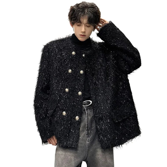men double breasted french streetwear retro fashion loose casual tassels woolen short jacket man korean coat outerwear relaxed fit shorts