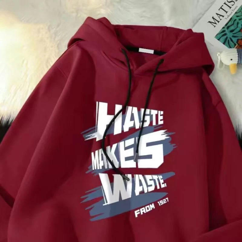 Haste Makes Waste Printed Hoody Man Personality Hip Hop Casual Pullover Hoodies Letter Y2K Streetwear Hooded Sweatshirts Street King Limited