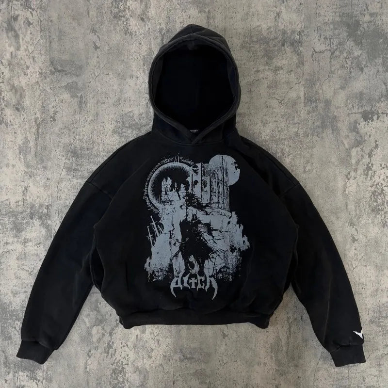 European and American New Dark Style Printed Oversized Hoodie Men Y2k Harajuku High Street Hip-hop Retro Fashion Pullover Women Street King Limited