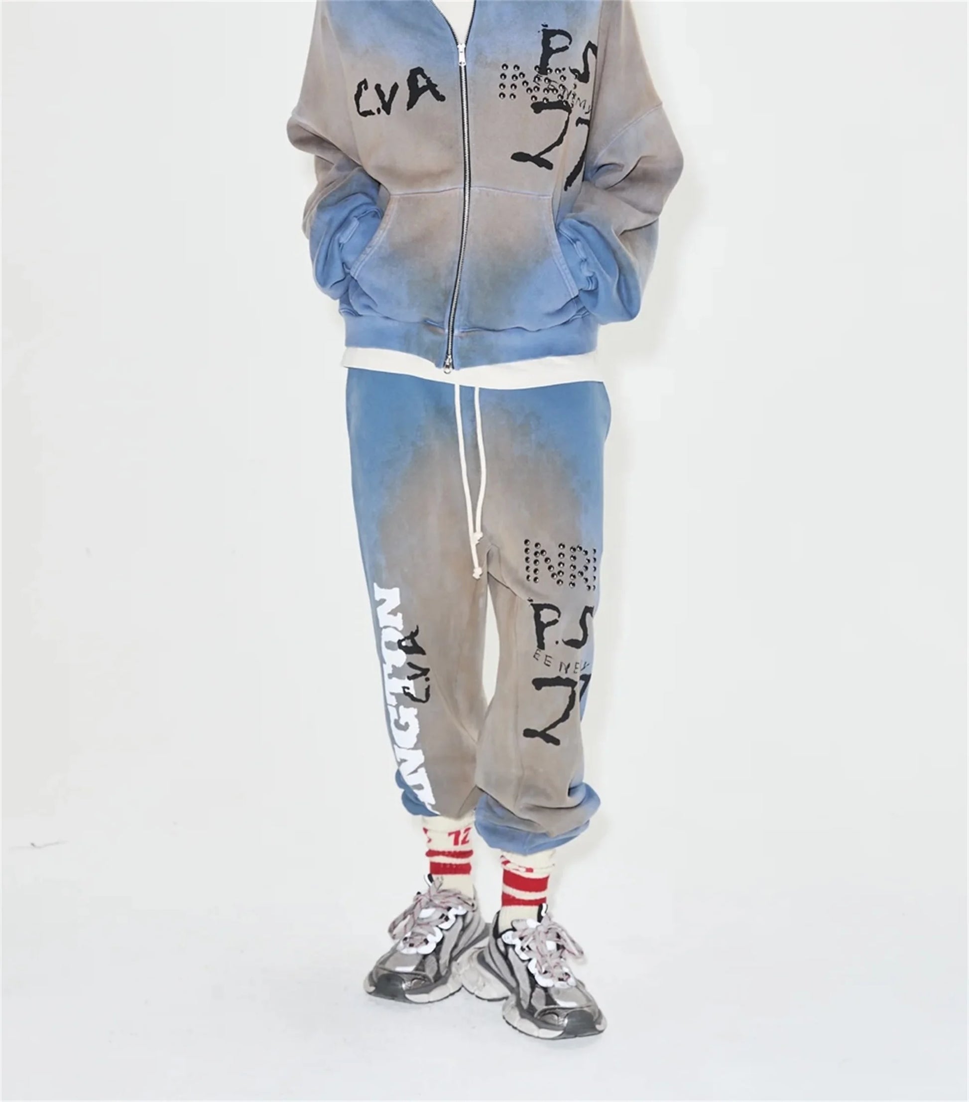 24ss rrr123 gymno high street heavyweight best quality cotton gradient washed distressed drawstring casual sport pants leggins urban fashion pants