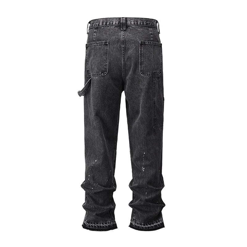 patchwork graffiti black straight denim pants mens vintage patches stitching ink splashed jeans y2k logging cargo pants for male unique cargo style 450
