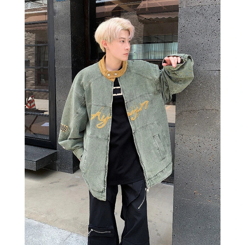 motorcycle hip hop mens cowboy jackets autumn 2024 embroidered washed trend denim coats stand collar color blocking outwear vintage washed jeans
