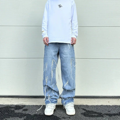 fashion loose streetwear denim jeans new casual wide legs straight jean pants hip hop tassel joggers baggy jeans men clothing urban active pants