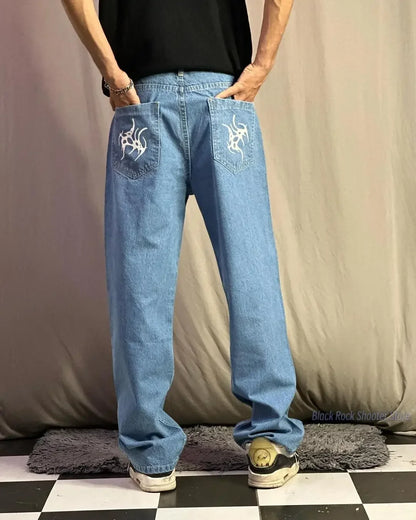 Harajuku fashion mens women’s jeans lightning graphic wide leg jean streetwear y2k denim cuples high waist pants men clothing Street King Limited
