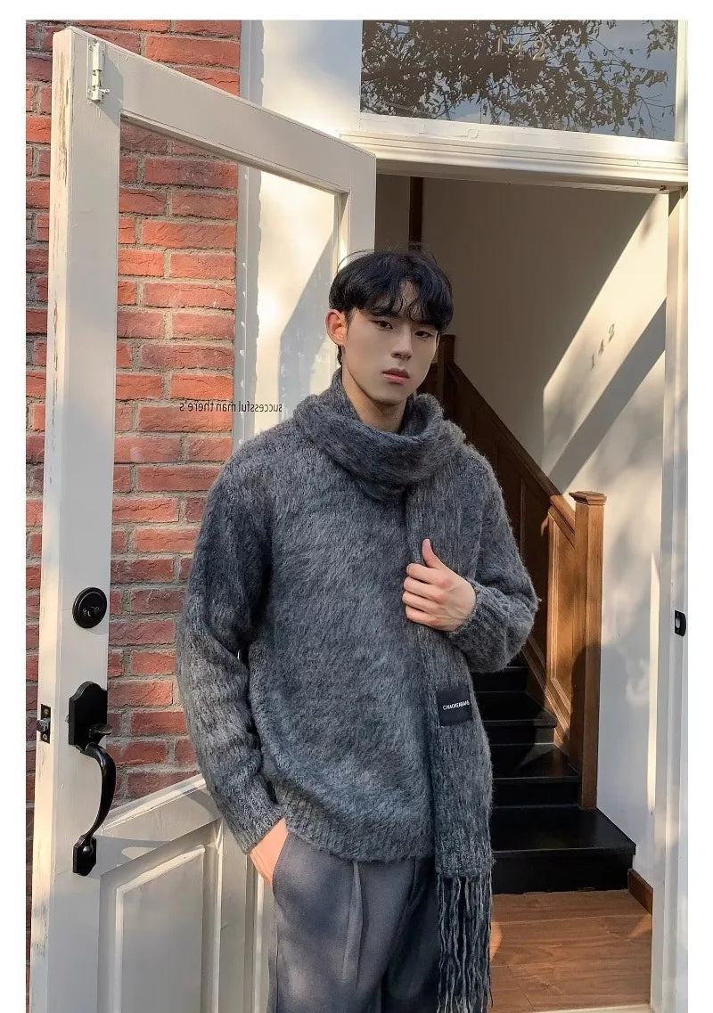 Autumn Warm Sweater Mens Korean Street Simplicity Round Neck Pullover+Solid Color Scarf Two-piece Set Casual Knitted Tops Trend Street King Limited
