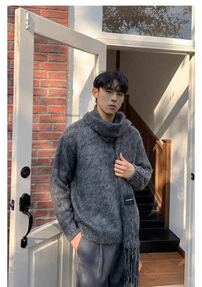 Autumn Warm Sweater Mens Korean Street Simplicity Round Neck Pullover+Solid Color Scarf Two-piece Set Casual Knitted Tops Trend Street King Limited
